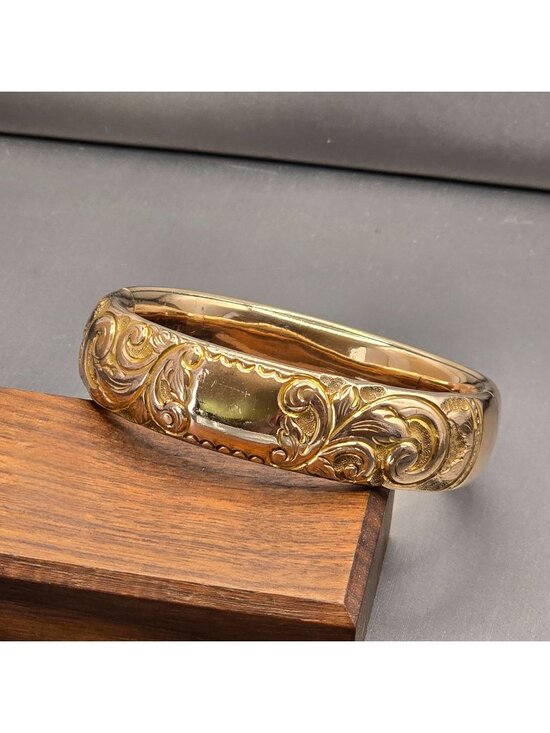 Estate Jewelry - Victorian Gold Filled Scrolled Hinged Bangle Bracelet 7" Heavyweight Signed 37g